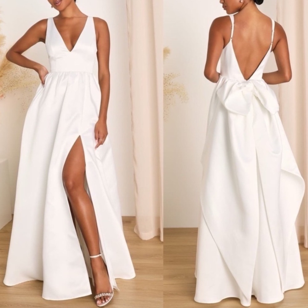 NWT Lulus Blissfully Beloved Ivory Backless A-Line Bow Maxi Dress Large